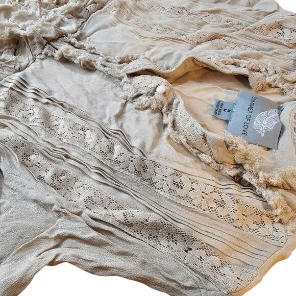 Summer of Love Beige Tiered Long Sleeve Bohemian  Neutral Mini Dress - Picture 4 of 13